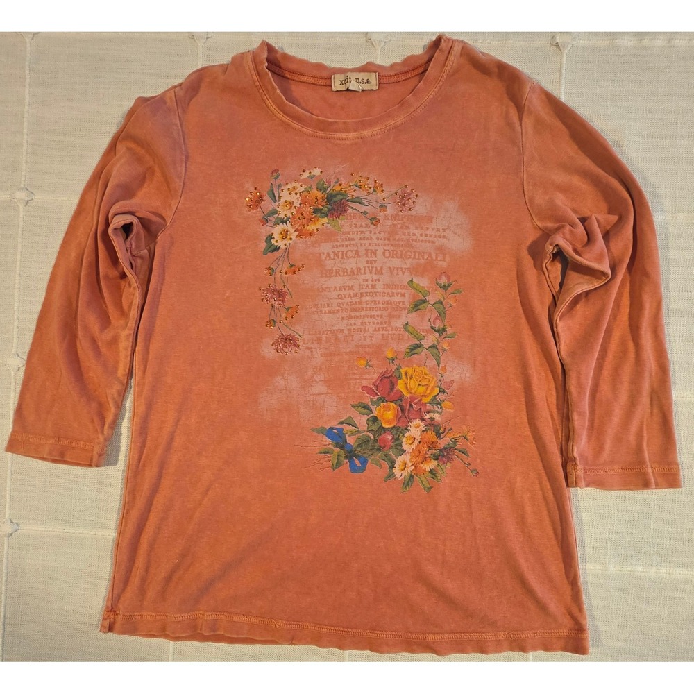 Xoit USA Vintage Graphic Floral Rhinestone Long Sleeve Tee Terracotta Orange M